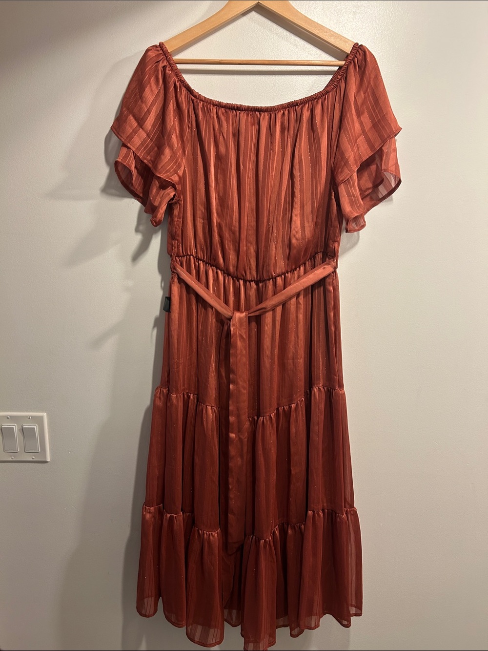 Rust Tiered Off-Shoulder Midi Dress by Joanna Hope- Rust 16 US